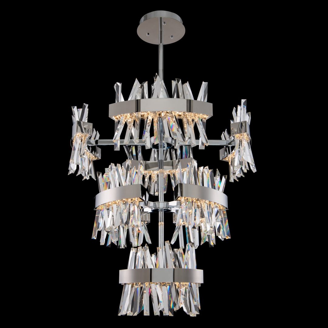 Glacier 3 Tier Foyer Entry Luxury Crystal Chandelier – Polished Chrome, Ice Shaped Crystals