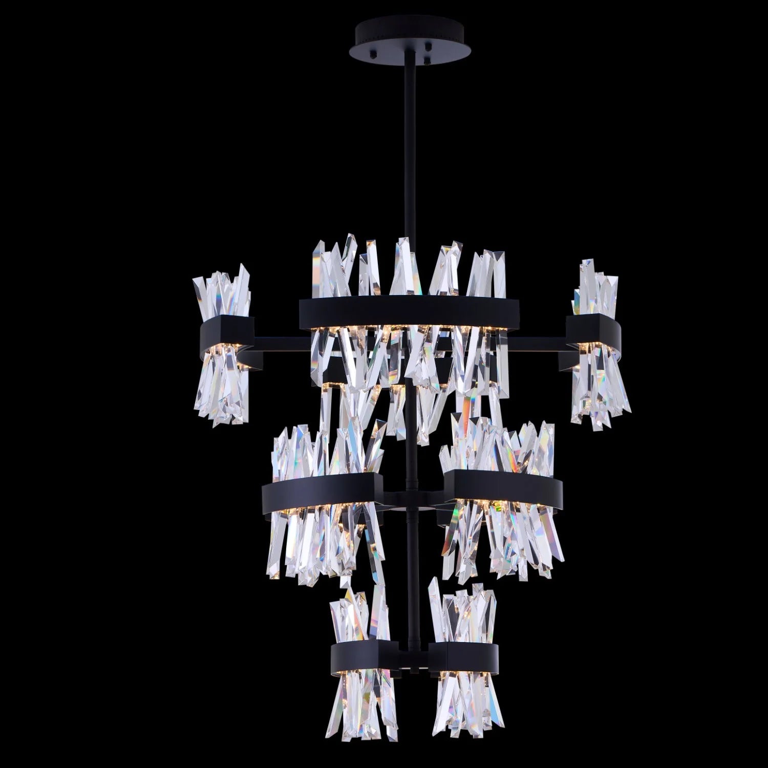 Glacier 3 Tier Foyer Entry Luxury Crystal Chandelier – Matte Black with Chrome Interior