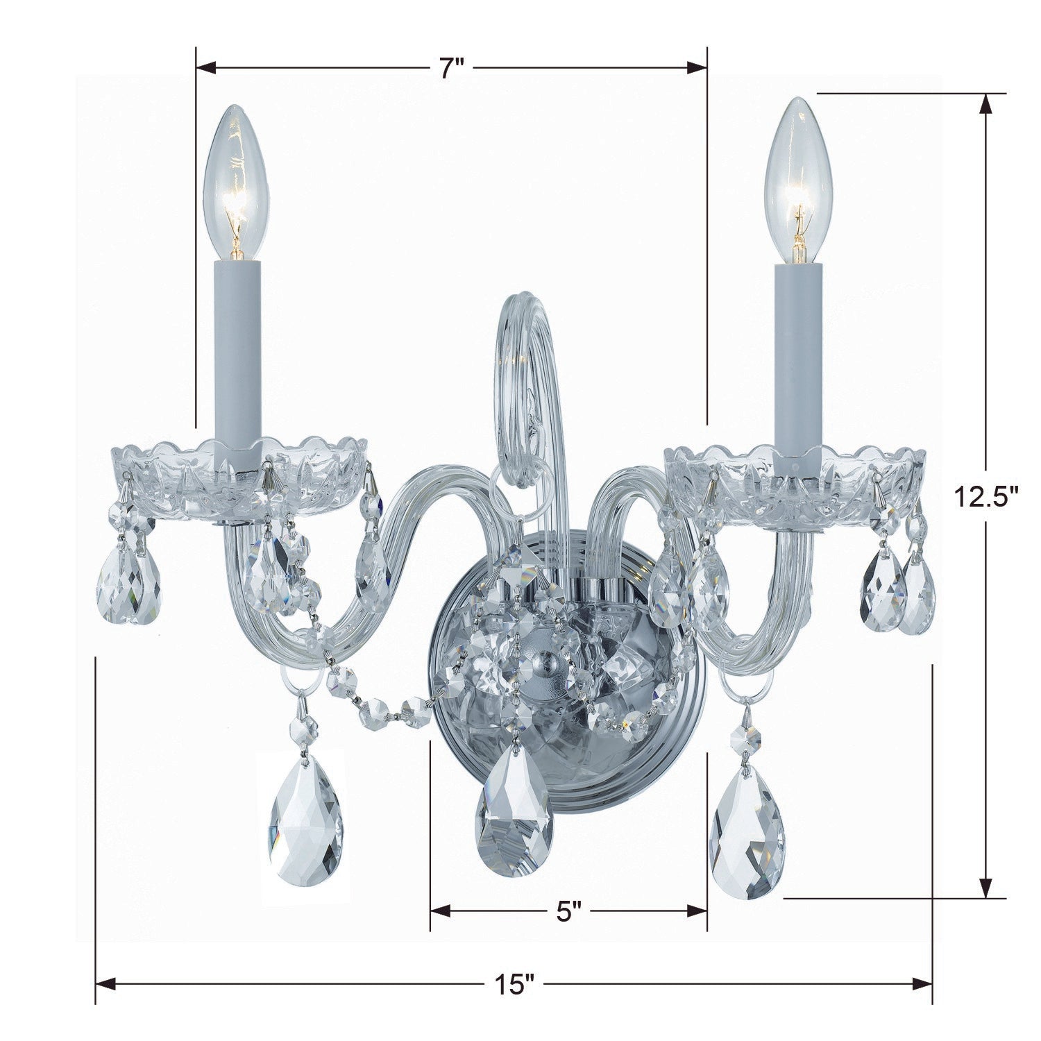 Crystorama Traditional Crystal 1032-CH-CL-SAQ – 15 Inch – 2 Light – Sconce – Clear Crystal – Polished Chrome – Dry Rated