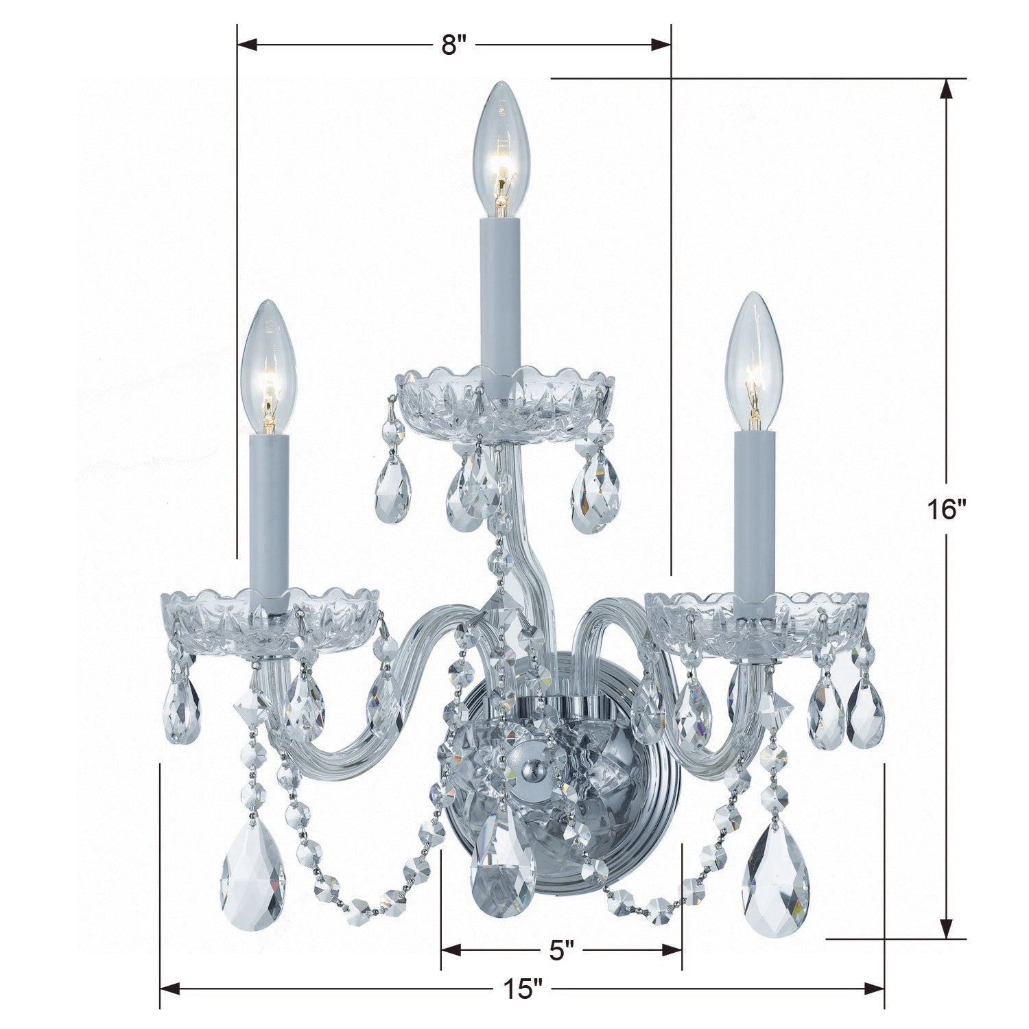 Crystorama Traditional Crystal 1033-CH-CL-MWP – 15 Inch – 3 Light – Sconce – Clear Crystal – Polished Chrome – Dry Rated