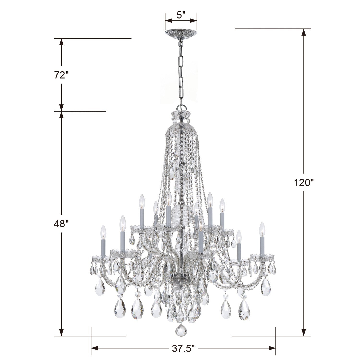 Crystorama Traditional Crystal 1112-CH-CL-S – 37.5 Inch – 12 Light – Chandelier – Clear Crystal – Polished Chrome – Damp Rated