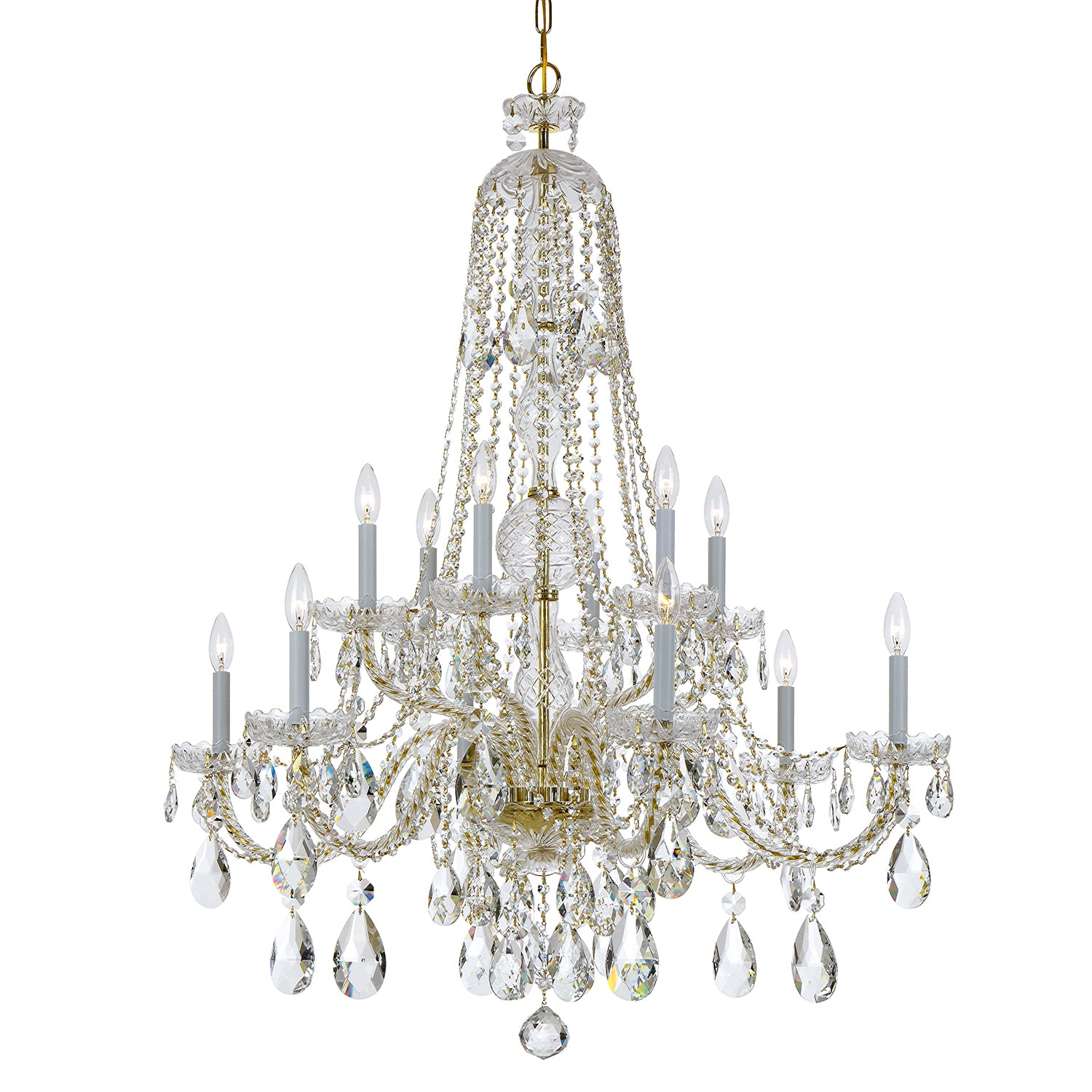 Crystorama Traditional Crystal 1112-PB-CL-MWP – 37.5 Inch – 12 Light – Chandelier – Clear Crystal – Polished Brass – Damp Rated