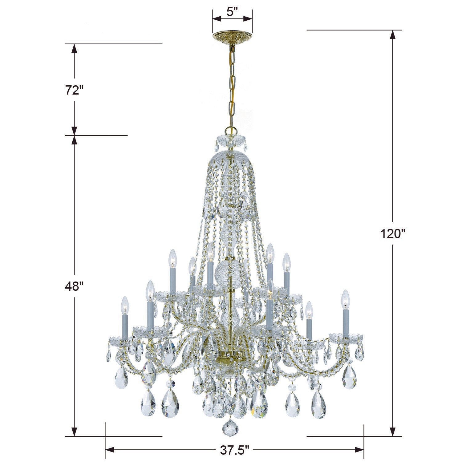 Crystorama Traditional Crystal 1112-PB-CL-MWP – 37.5 Inch – 12 Light – Chandelier – Clear Crystal – Polished Brass – Damp Rated