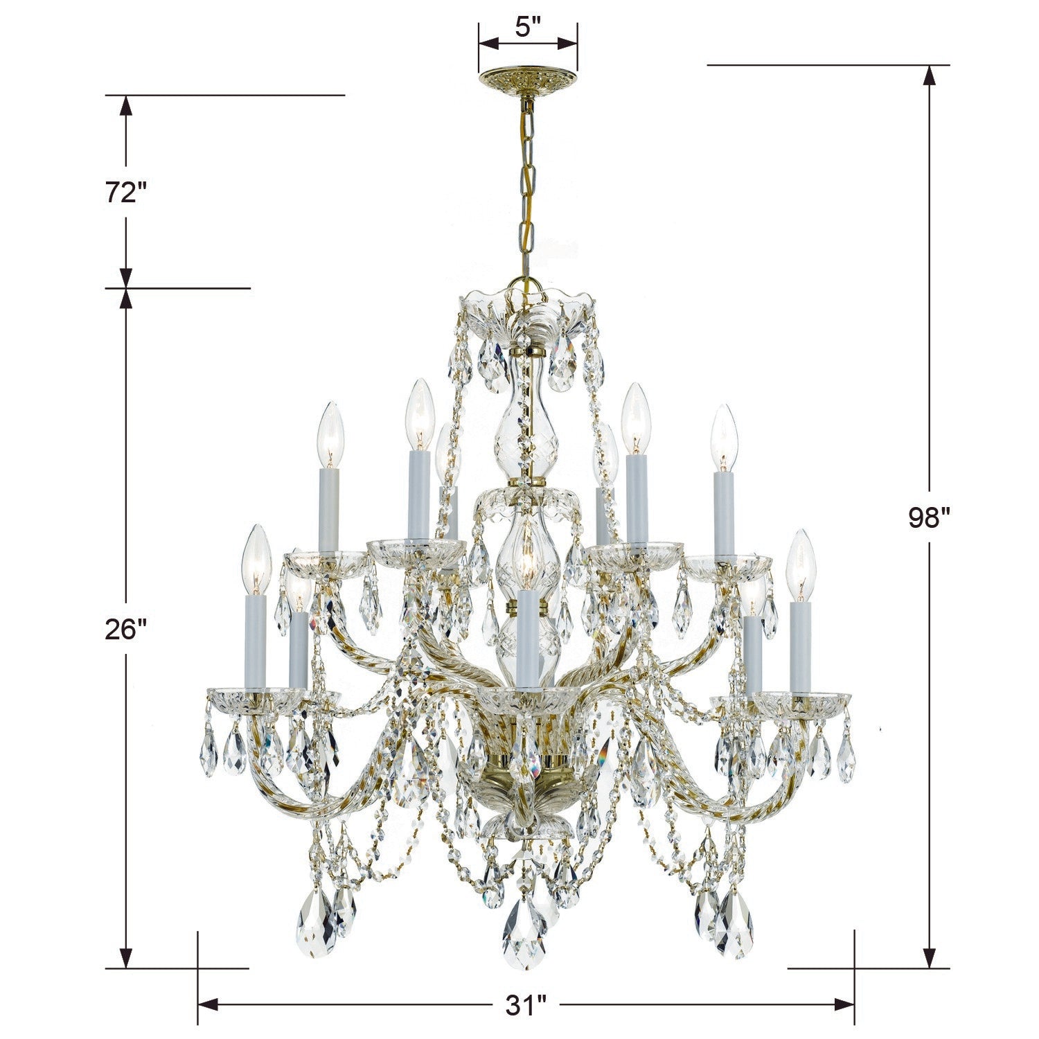 Crystorama Traditional Crystal 1135-PB-CL-SAQ – 31 Inch – 12 Light – Chandelier – Clear Crystal – Polished Brass – Damp Rated