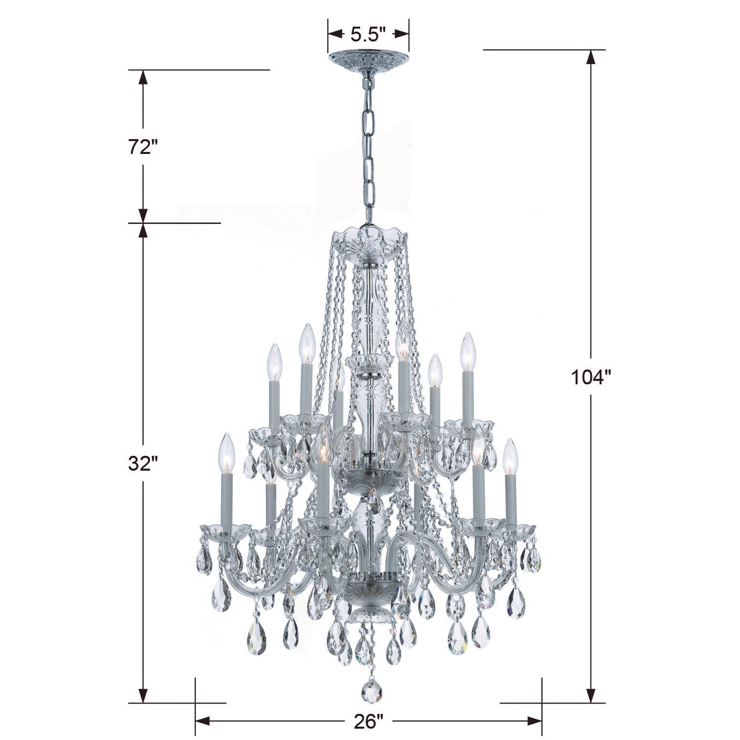 Crystorama Traditional Crystal 1137-CH-CL-MWP – 26 Inch – 12 Light – Chandelier – Clear Crystal – Polished Chrome – Damp Rated