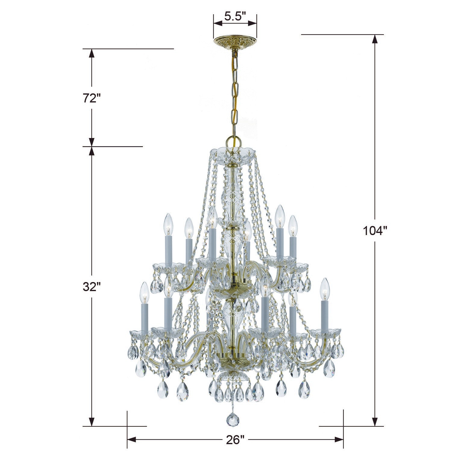 Crystorama Traditional Crystal 1137-PB-CL-MWP – 26 Inch – 12 Light – Chandelier – Clear Crystal – Polished Brass – Damp Rated