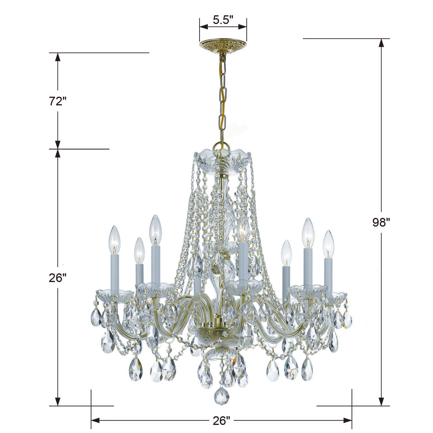 Crystorama Traditional Crystal 1138-PB-CL-MWP – 26 Inch – 8 Light – Chandelier – Clear Crystal – Polished Brass – Damp Rated