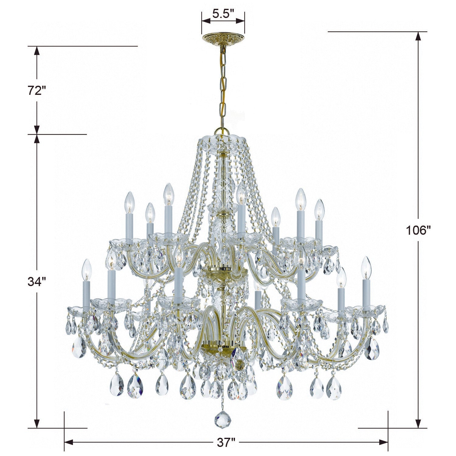 Crystorama Traditional Crystal 1139-PB-CL-SAQ – 37 Inch – 16 Light – Chandelier – Clear Crystal – Polished Brass – Damp Rated