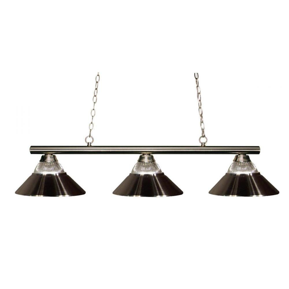 3 Light Billiard Table Light -Clear Ribbed + Brushed Nickel