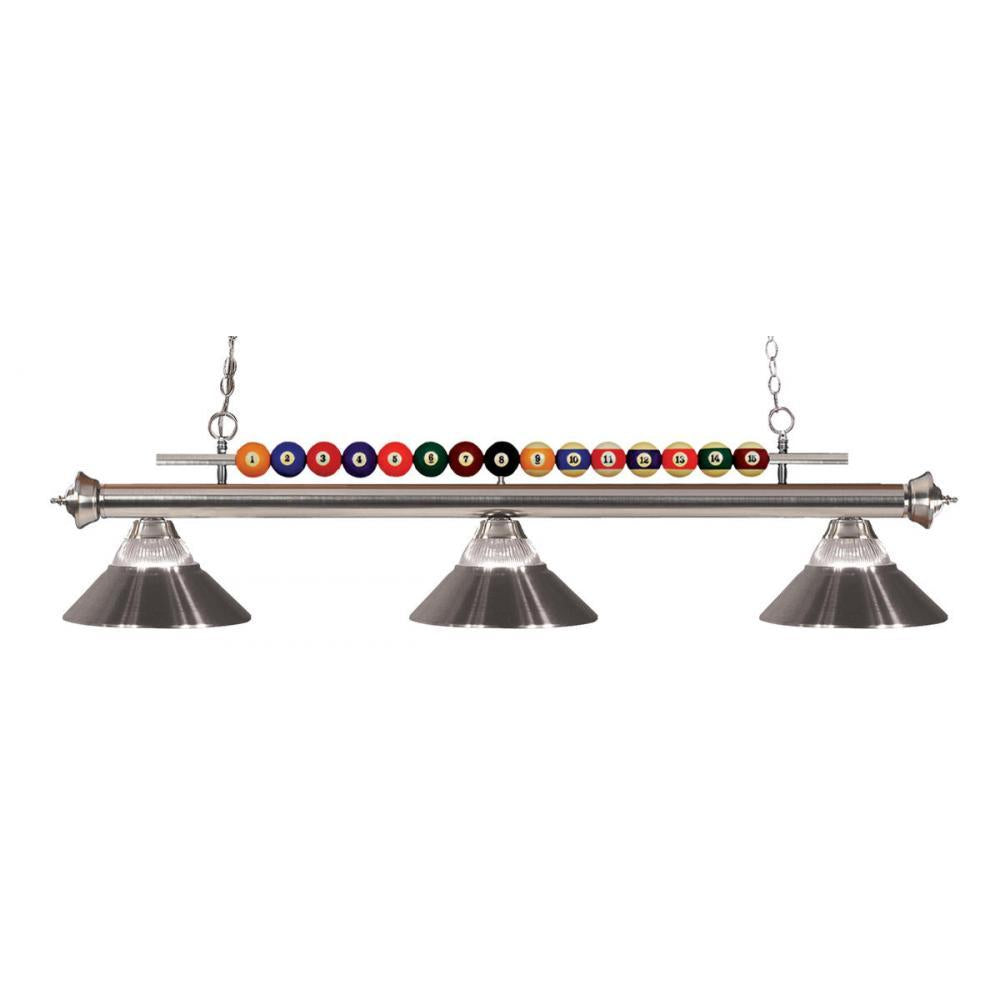 3 Light Billiard Table Light -Clear Ribbed + Brushed Nickel