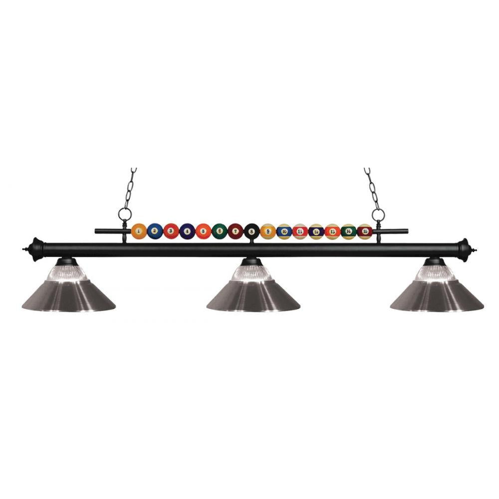 3 Light Billiard Table Light -Clear Ribbed + Brushed Nickel