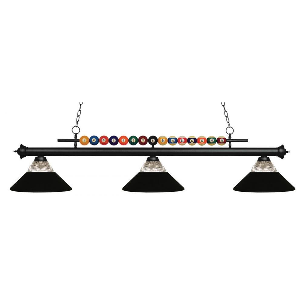 3 Light Billiard Table Light -Clear Ribbed + Matte Black