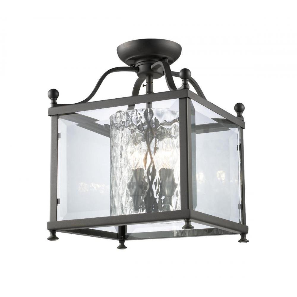 3 Light Semi Flush Mount Light-Clear Beveled Outside; Clear Hammered Inside