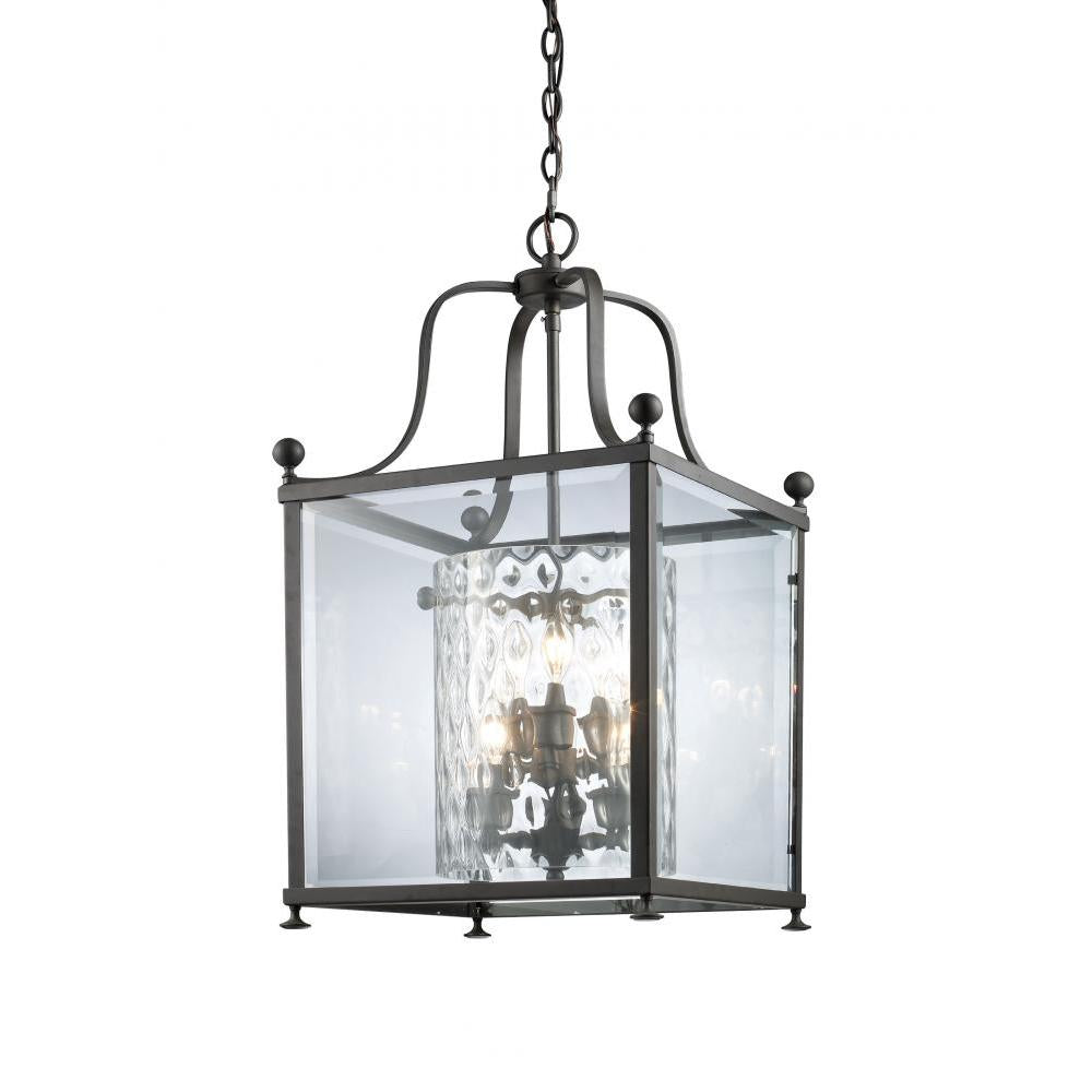 6 Light Chandelier-Clear Beveled Outside; Clear Hammered Inside