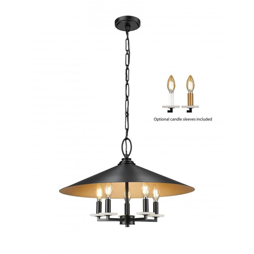 5 Light Pendant-Matte Black Outer, Signature Rubbed Brass Inner