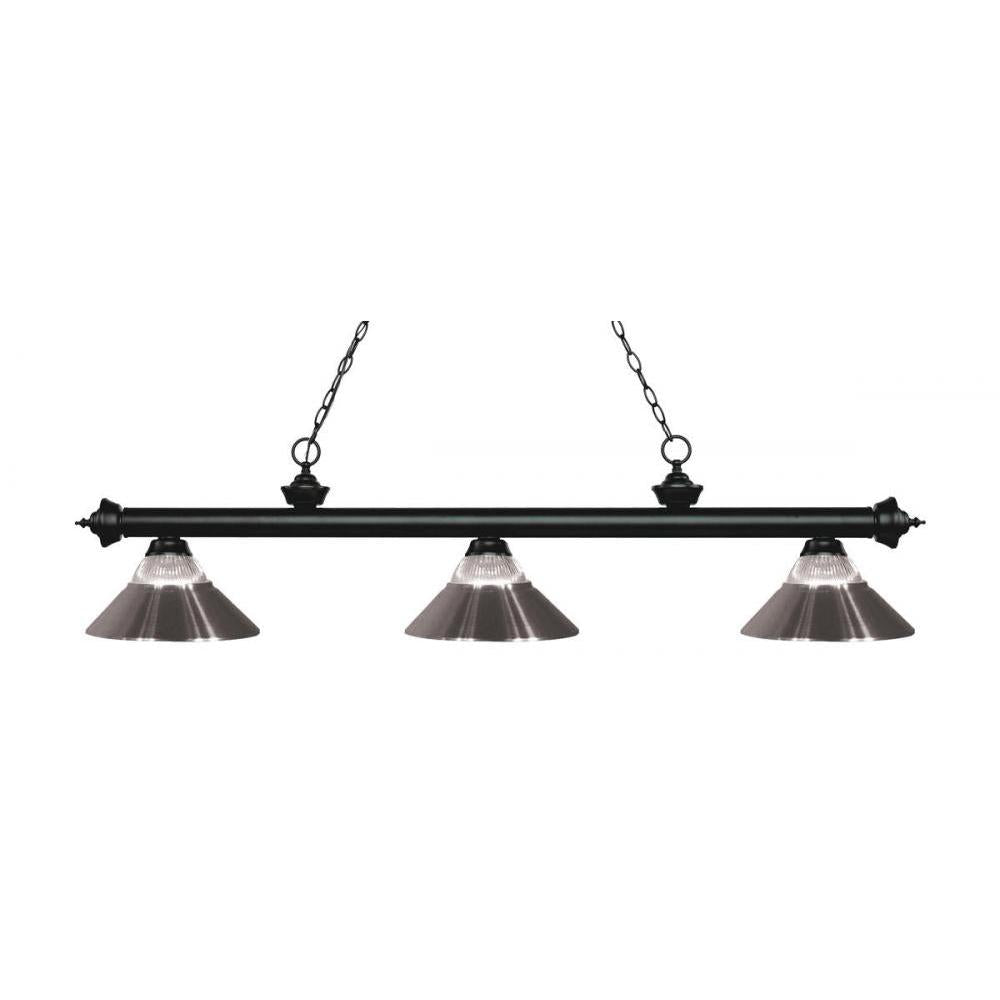 3 Light Billiard Table Light -Clear Ribbed + Brushed Nickel