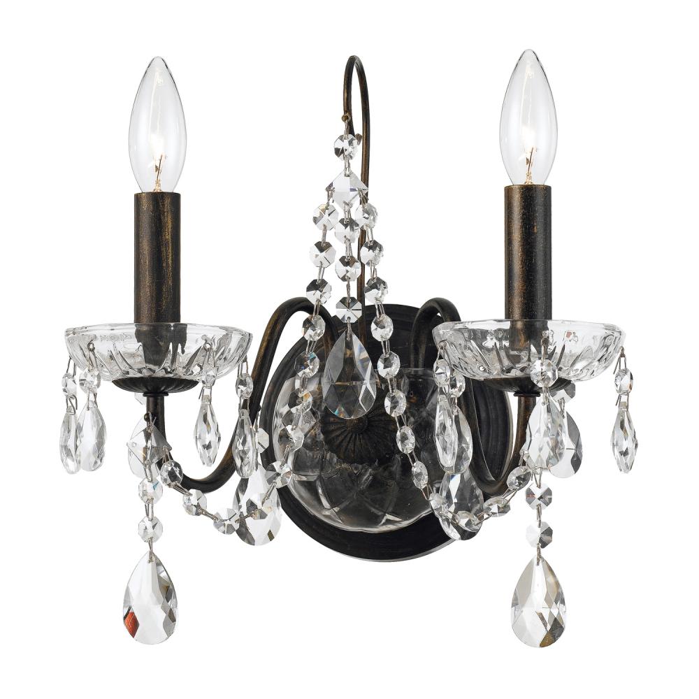 Crystorama Lighting 3022-EB-CL-S Butler 2 Light Swarovski Strass Crystal Sconce, UL Damp Rated, English Bronze
