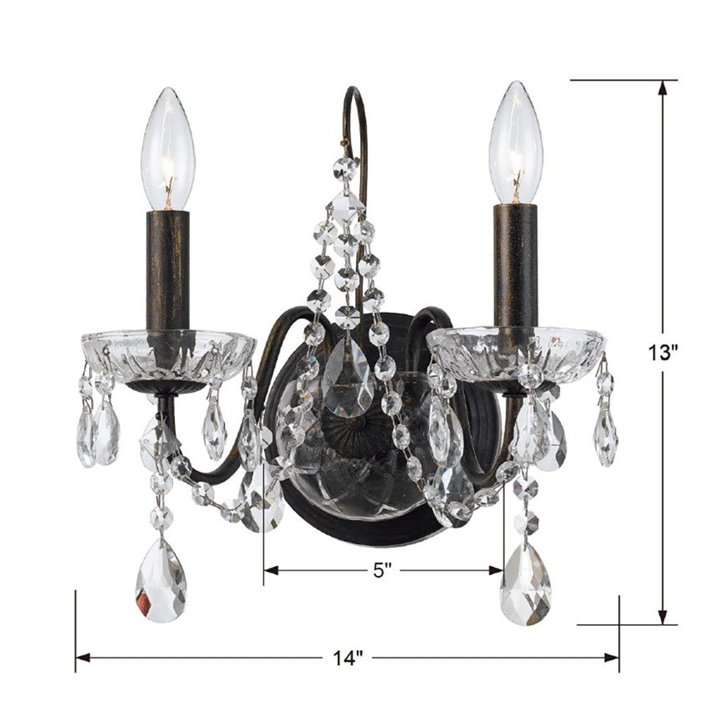 Crystorama Lighting 3022-EB-CL-S Butler 2 Light Swarovski Strass Crystal Sconce, UL Damp Rated, English Bronze