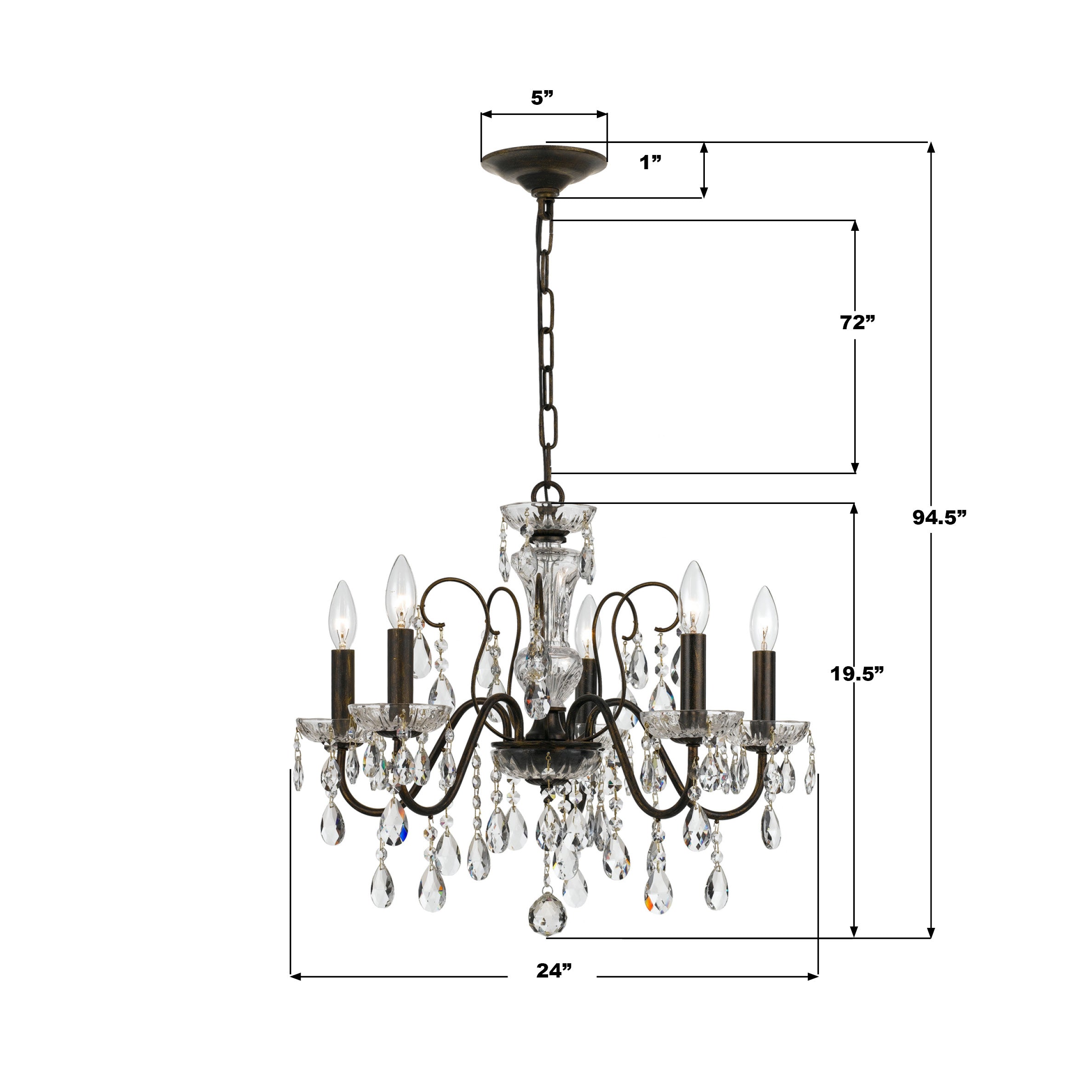 Crystorama Butler 3025-EB-CL-MWP – 24 Inch – 5 Light – Chandelier – English Bronze – Damp Rated
