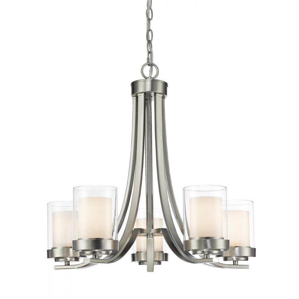 5 Light Chandelier-Clear Outside; Matte Opal Inside