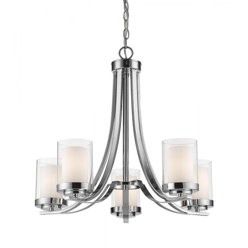 5 Light Chandelier-Clear Outside; Matte Opal Inside