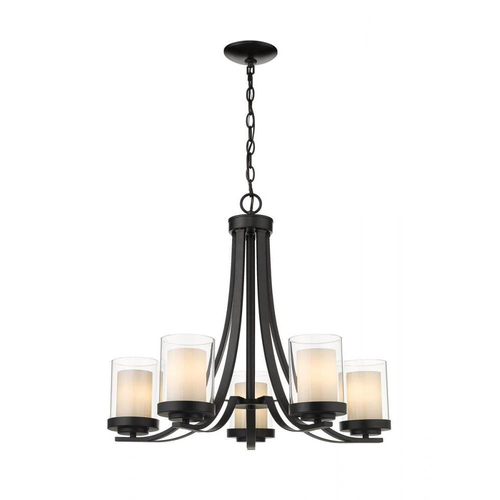 5 Light Chandelier-Clear Outside; Matte Opal Inside