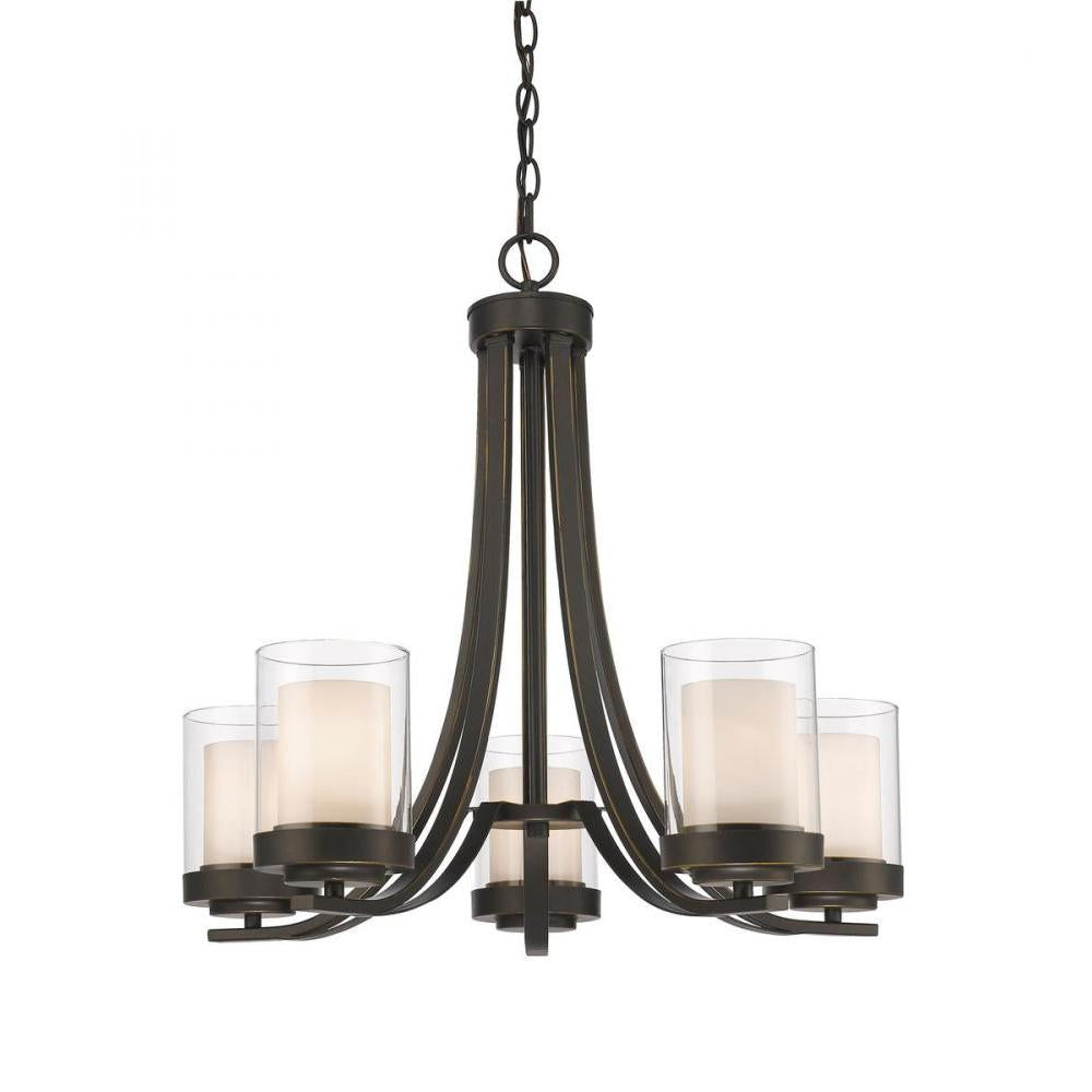 5 Light Chandelier-Clear Outside; Matte Opal Inside