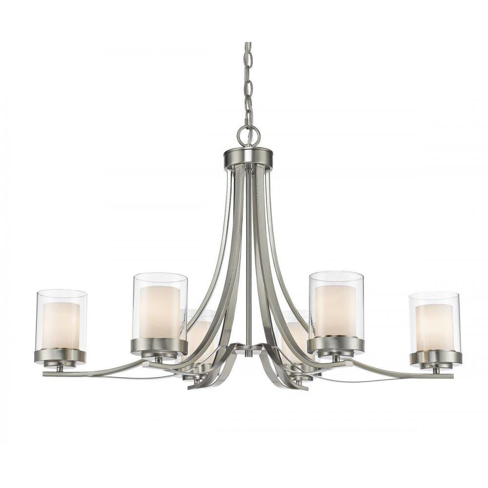6 Light Chandelier-Clear Outside; Matte Opal Inside