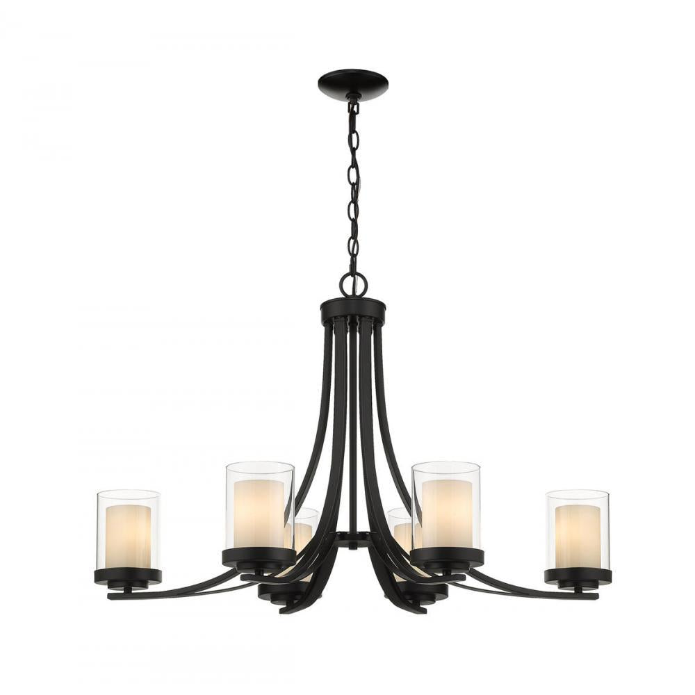 6 Light Chandelier-Clear Outside; Matte Opal Inside
