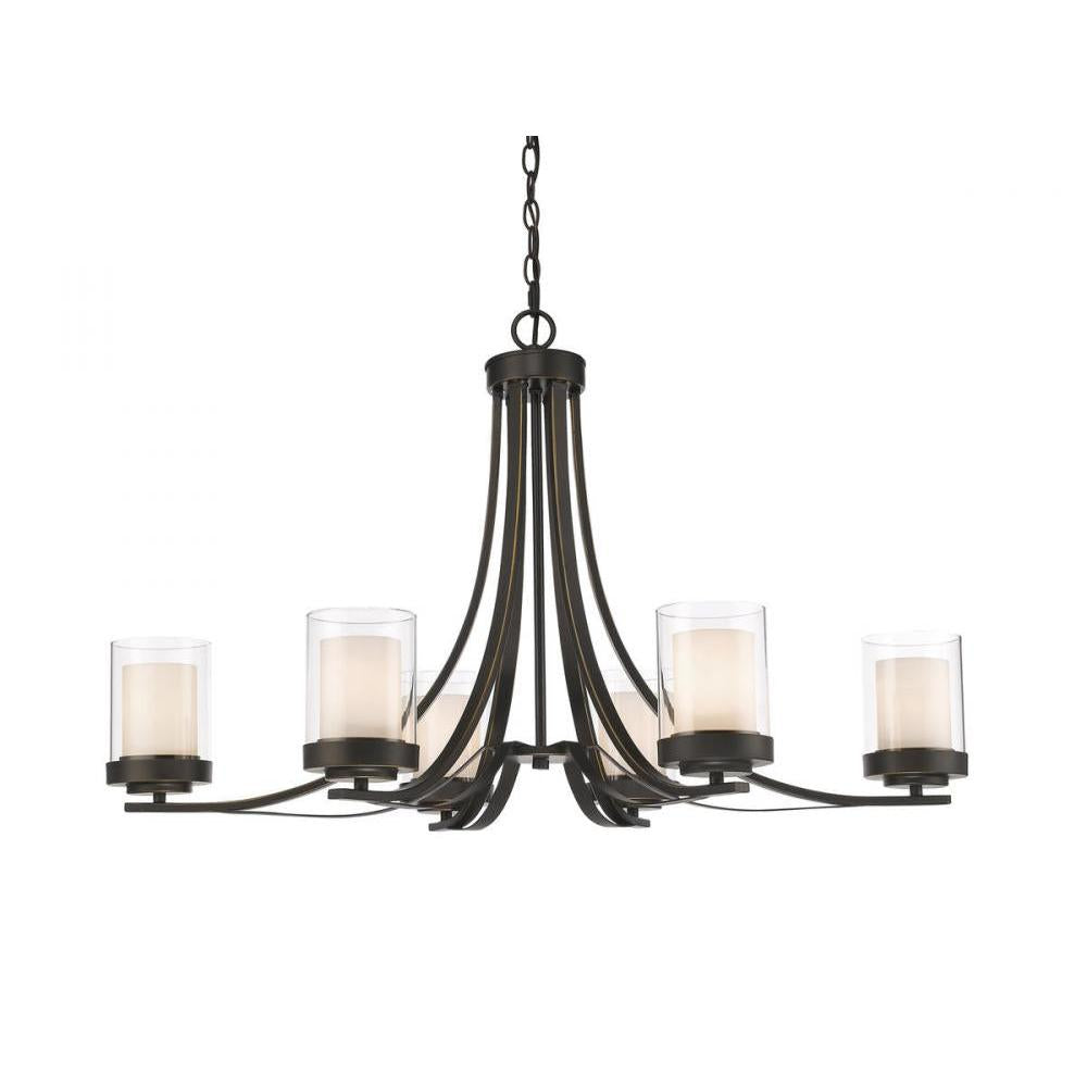 6 Light Chandelier-Clear Outside; Matte Opal Inside