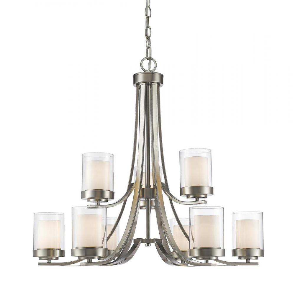 9 Light Chandelier-Clear Outside; Matte Opal Inside
