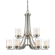 9 Light Chandelier-Clear Outside; Matte Opal Inside