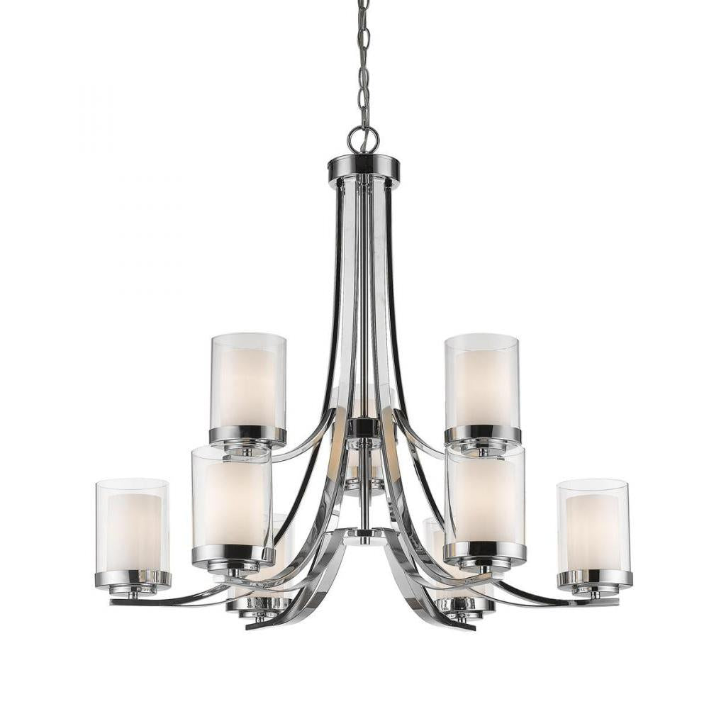 9 Light Chandelier-Clear Outside; Matte Opal Inside