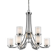 9 Light Chandelier-Clear Outside; Matte Opal Inside