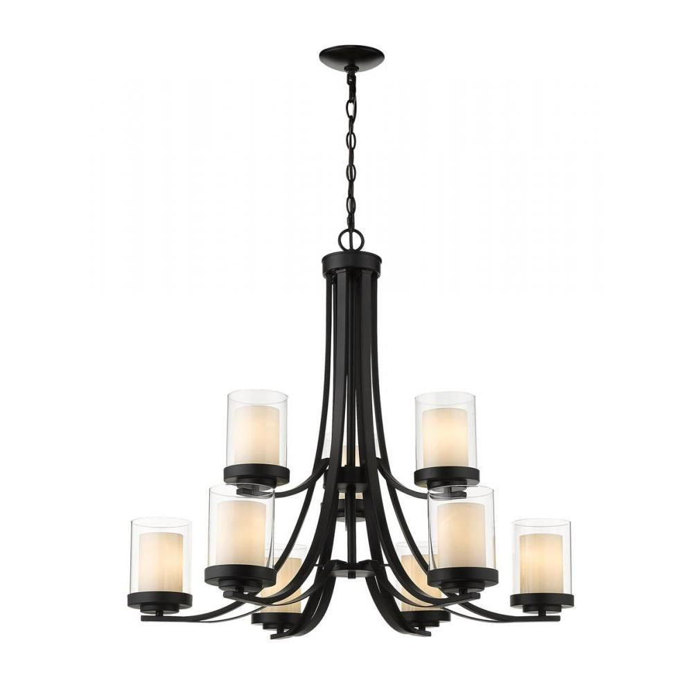 9 Light Chandelier-Clear Outside; Matte Opal Inside