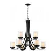 9 Light Chandelier-Clear Outside; Matte Opal Inside
