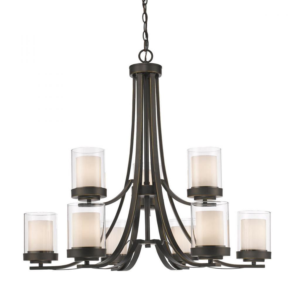 9 Light Chandelier-Clear Outside; Matte Opal Inside