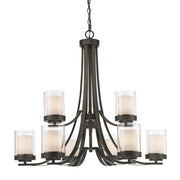 9 Light Chandelier-Clear Outside; Matte Opal Inside