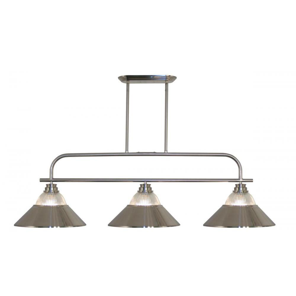 3 Light Billiard Table Light -Clear Ribbed + Brushed Nickel