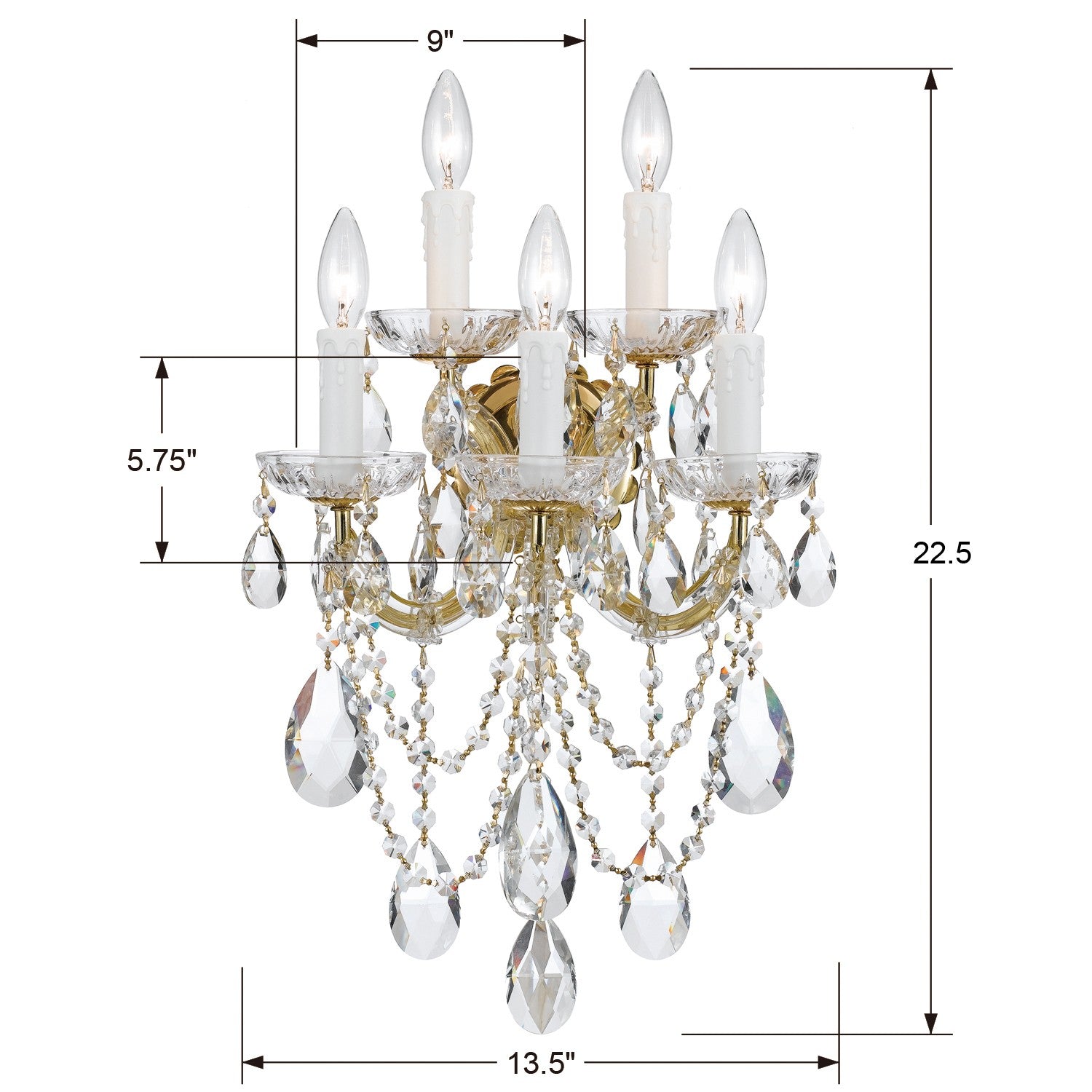 Crystorama Maria Theresa 4425-GD-CL-SAQ – 13.5 Inch – 5 Light – Sconce – Clear Crystal – Gold – Dry Rated
