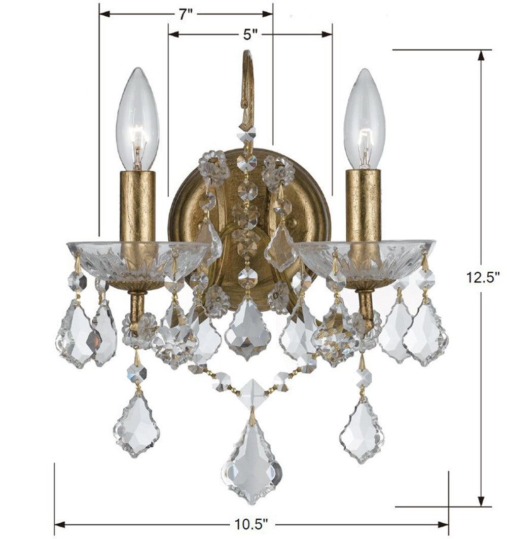 Crystorama Filmore 4452-GA-CL-S – 10.5 Inch – 2 Light – Sconce – Clear Crystal – Antique Gold – Dry Rated