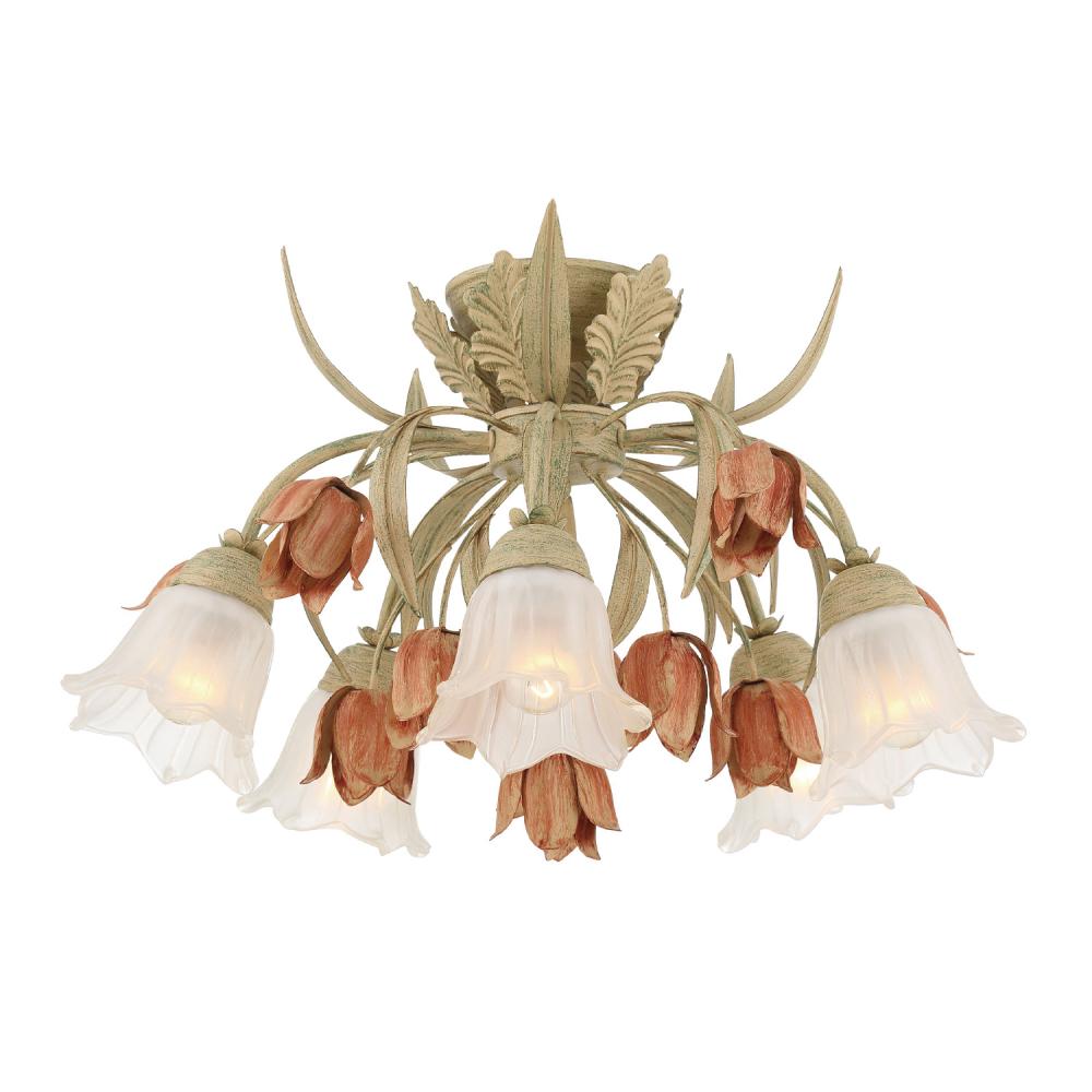 Crystorama Lighting 4800-SR Southport 5 Light Floral Semi Flush Mount, UL Damp Rated, Sage Rose