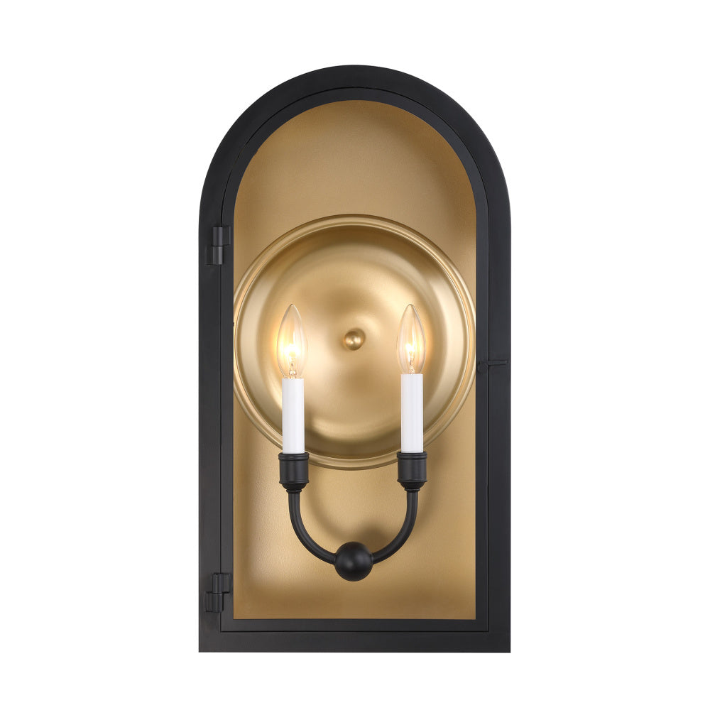 Grotto 2-Light Outdoor Wall Lantern in Matte Black with Vintage Gold
