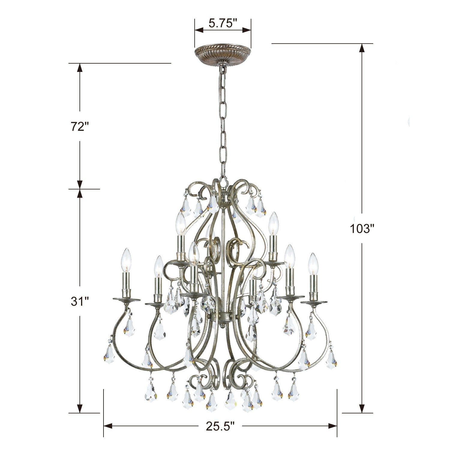 Crystorama Ashton 5019-OS-CL-S – 25.5 Inch – 9 Light – Chandelier – Clear Crystal – Olde Silver – Damp Rated