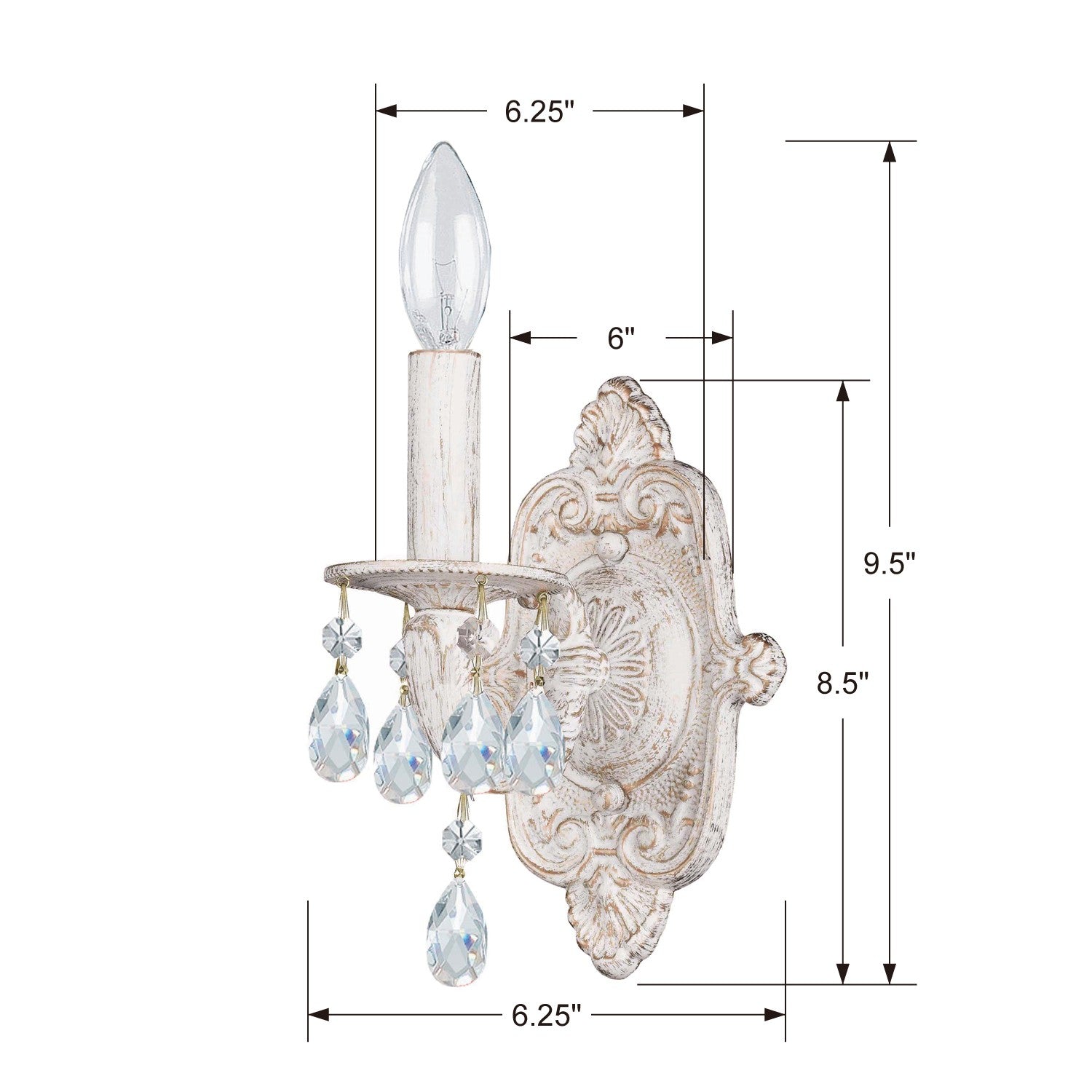 Crystorama Paris Market 5021-AW-CL-SAQ – 6.25 Inch – 1 Light – Sconce – Clear Crystal – Antique White – Dry Rated