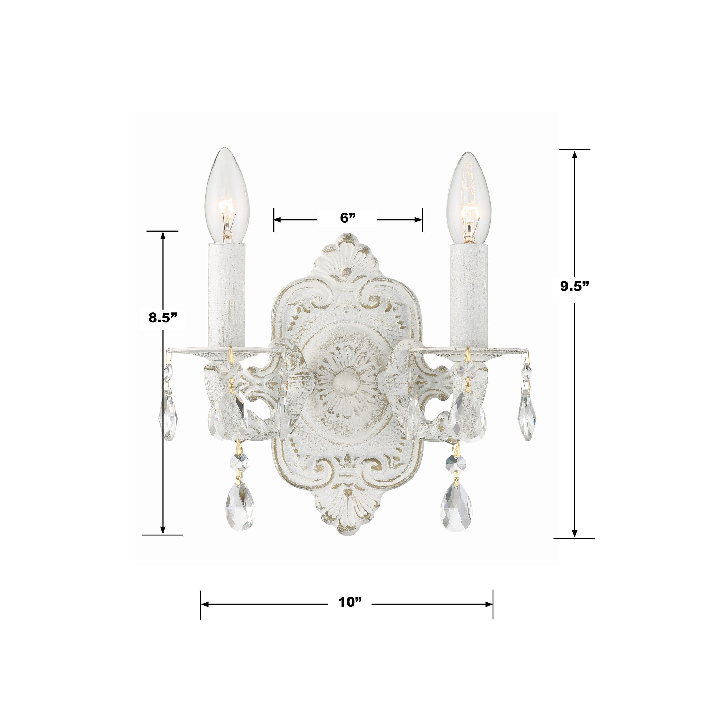 Crystorama Paris Market 5022-AW-CL-MWP – 10 Inch – 2 Light – Sconce – Clear Crystal – Antique White – Dry Rated