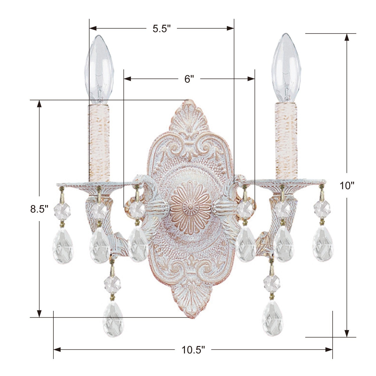 Crystorama Paris Market 5022-AW-CL-SAQ – 10 Inch – 2 Light – Sconce – Clear Crystal – Antique White – Dry Rated