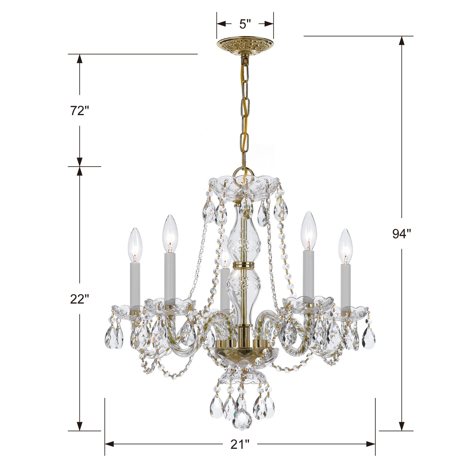 Crystorama Traditional Crystal 5085-PB-CL-S – 21 Inch – 5 Light – Chandelier – Clear Crystal – Polished Brass – Damp Rated