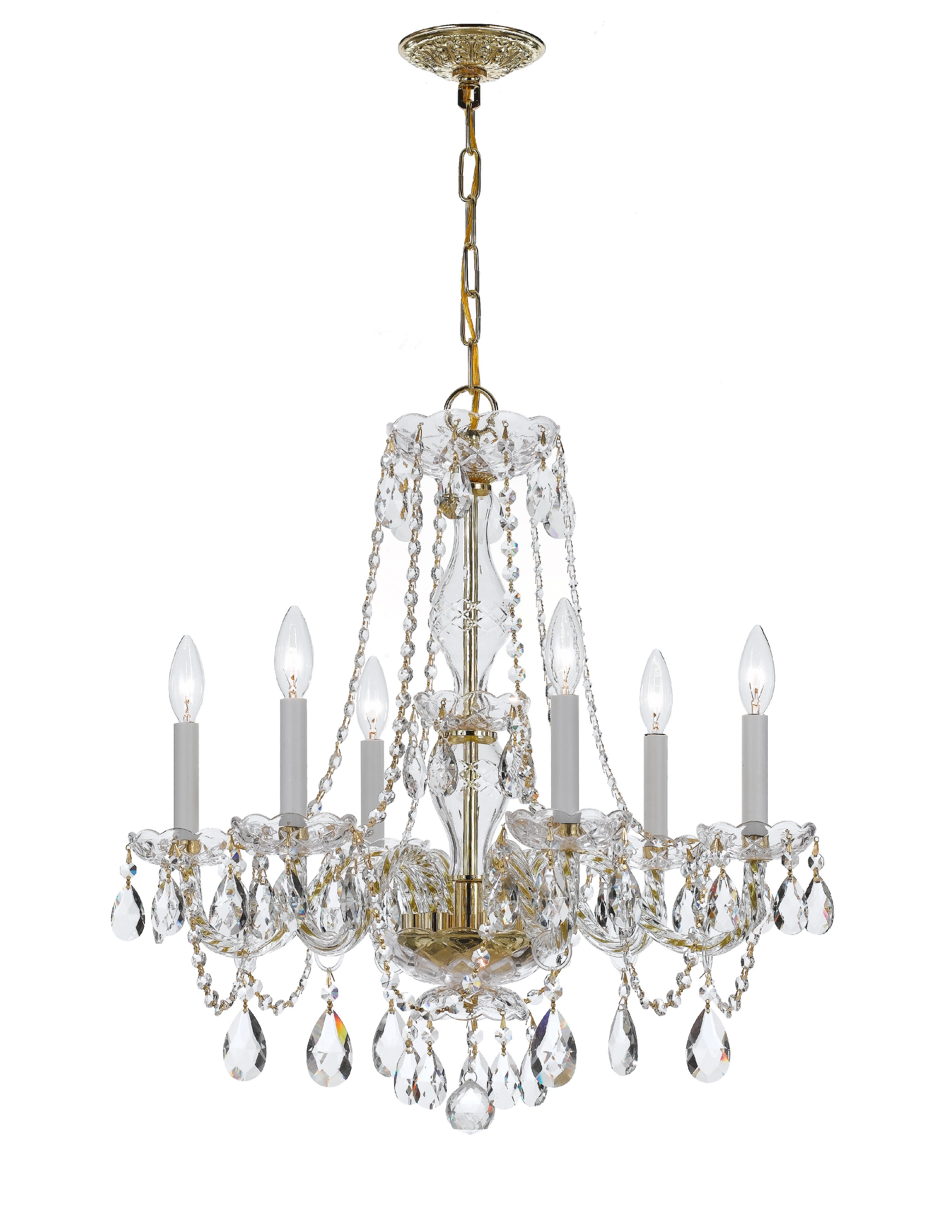 Traditional Crystal 6 Light Clear Italian Crystal Polished Brass Chandelier