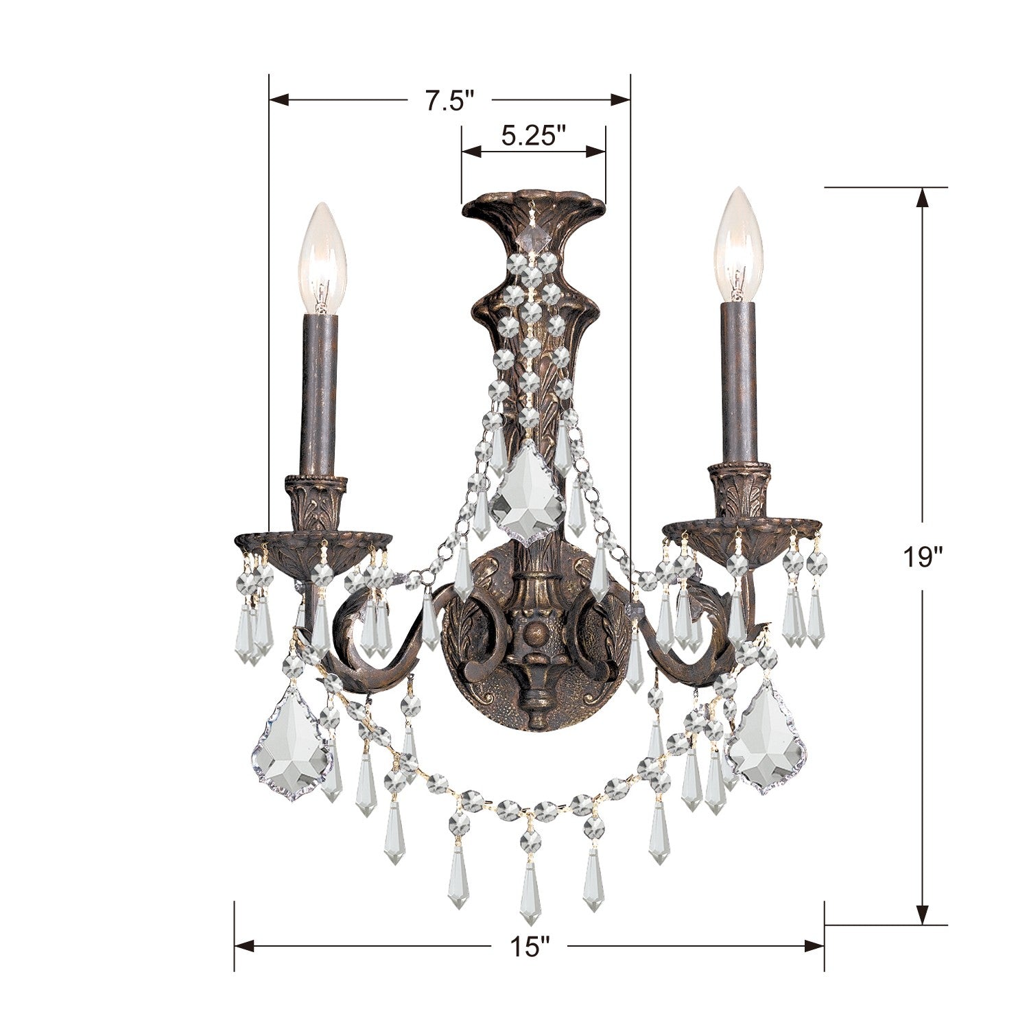 Crystorama Vanderbilt 5162-EB-CL-MWP – 15 Inch – 2 Light – Sconce – English Bronze – Damp Rated